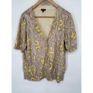 Talbots Cardigan Sweater Womens XL Brown Yellow Paisley 1/2 Sleeve Work Office